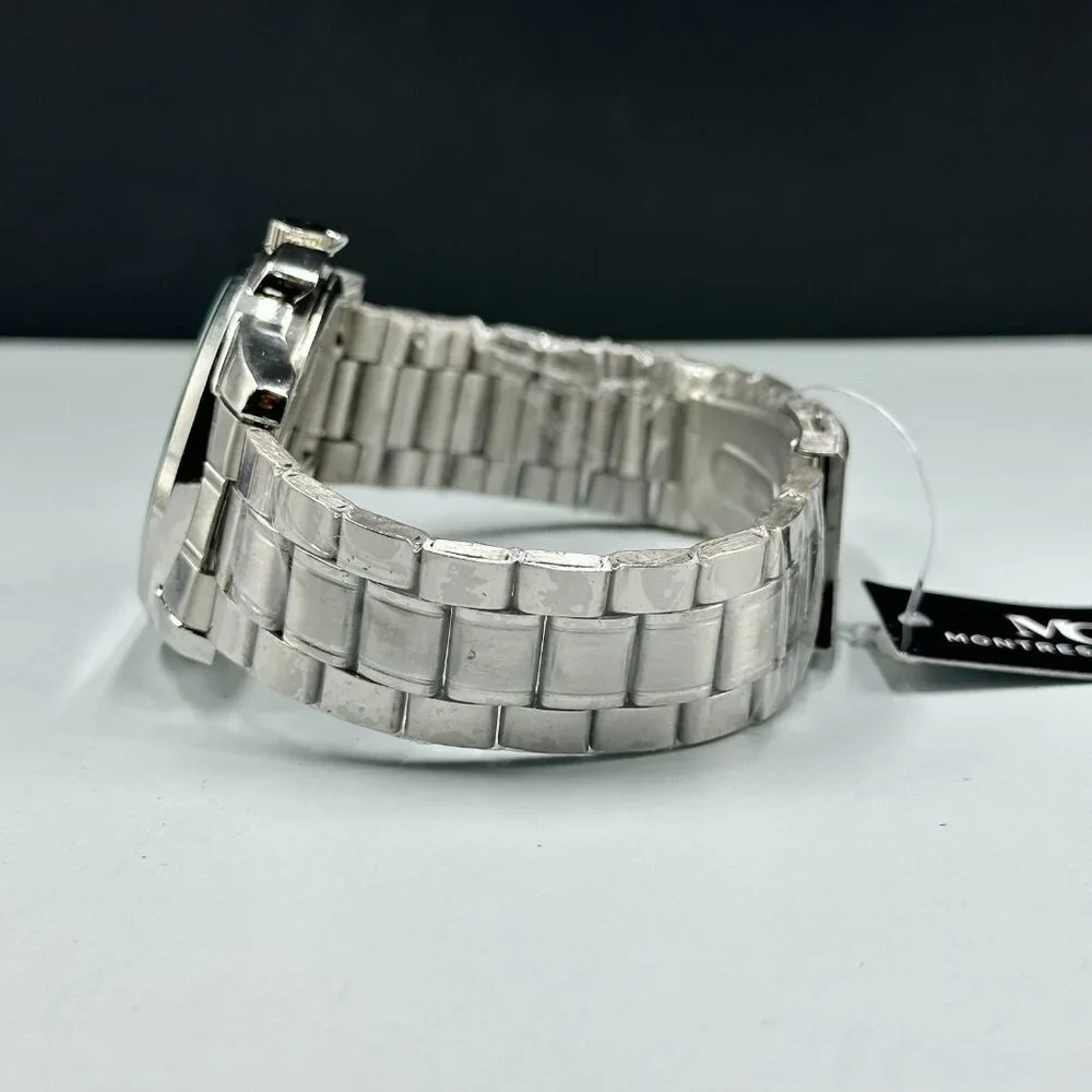 Montres Carlo Watch Men Silver Tone Black Dial Round 43MM New Battery 8.25